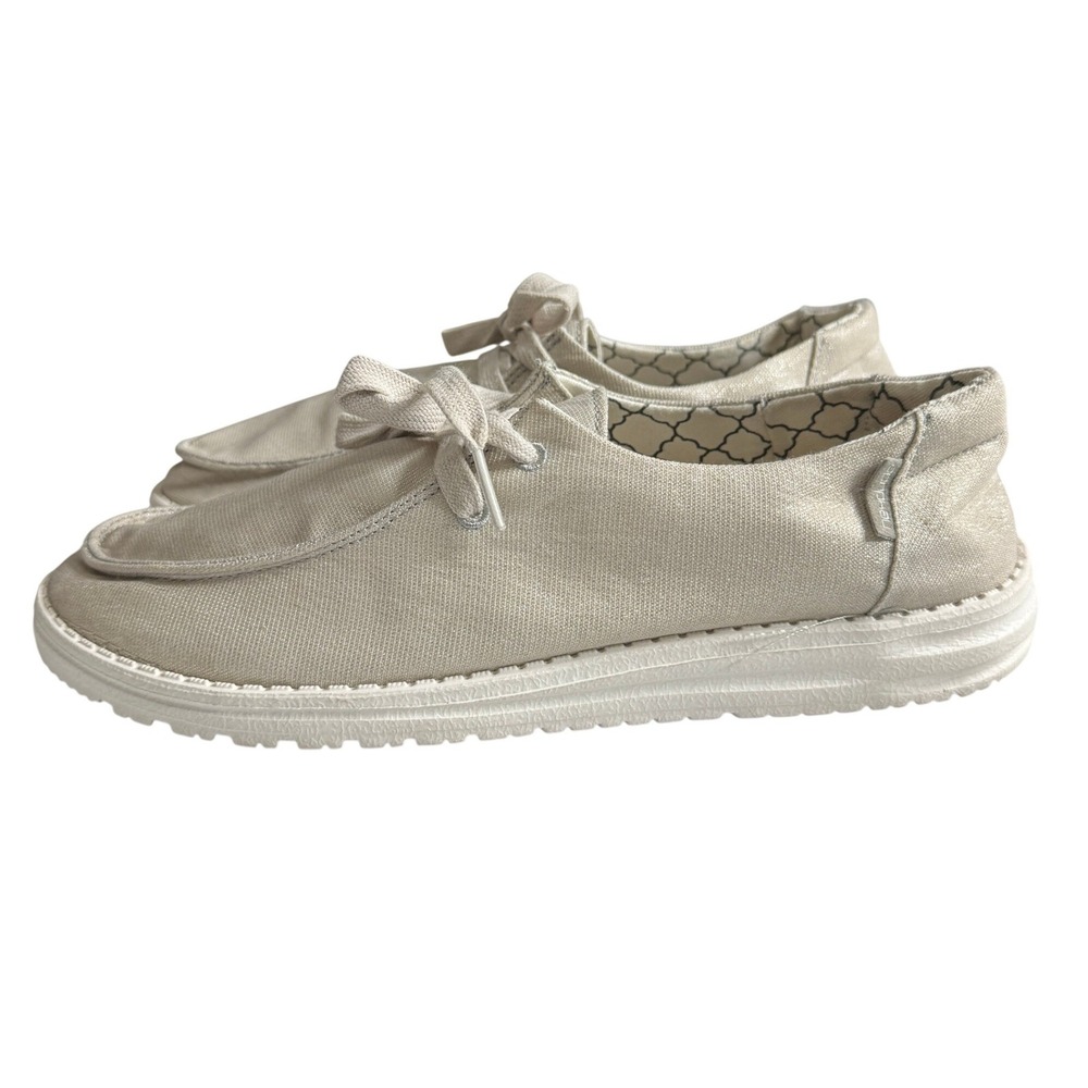 Hey Dude Wendy Sparkling Pearl Grey Canvas Slip On Loafers Shoes Womens 9